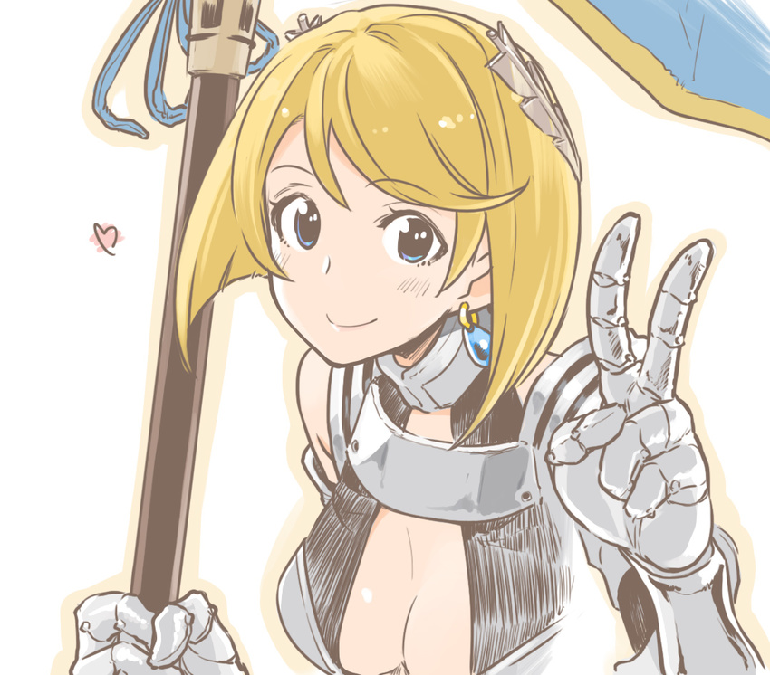 1girl armor banner bikini_armor blonde_hair blue_eyes boobplate breastplate breasts cleavage commentary_request dangle_earrings earrings gauntlets halterneck heart jeanne_d'arc_(#compass) jewelry looking_at_viewer medium_breasts outline poaro short_hair sketch smile solo teardrop_earring torc upper_body v