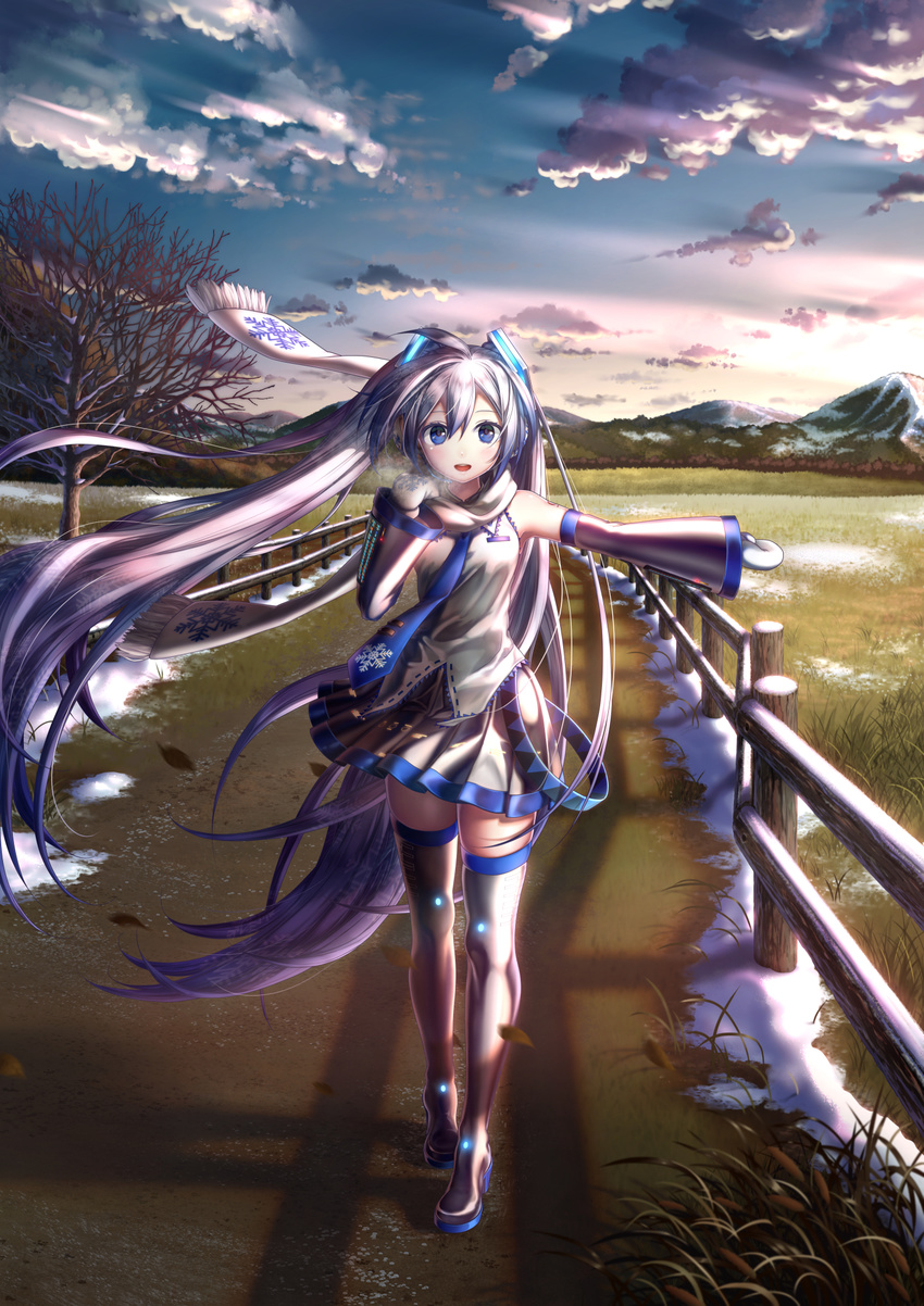 blue_eyes blue_hair boots cloud commentary_request daisan_oujo detached_sleeves fence full_body hatsune_miku highres leaf long_hair looking_at_viewer mittens necktie open_mouth outdoors outstretched_arm road scarf skirt sky snow snowflakes solo thigh_boots thighhighs tree twintails very_long_hair vocaloid walking winter wooden_fence yuki_miku zettai_ryouiki