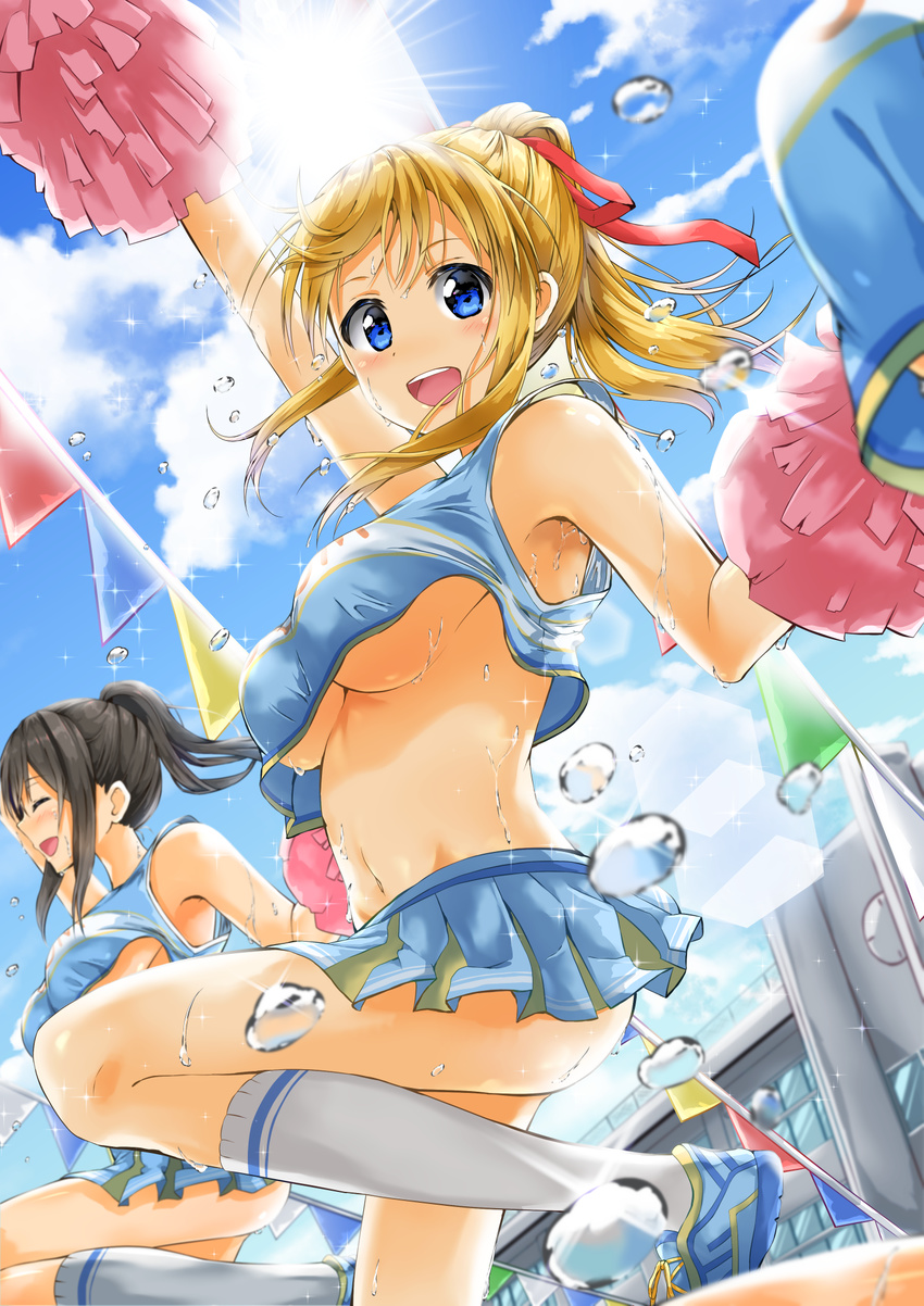 :d ^_^ ^o^ arm_up bangs bare_arms bare_shoulders black_hair blonde_hair blue_eyes blue_footwear blue_shirt blue_skirt blue_sky blurry blush breasts building cheering cheerleader clock closed_eyes cloud cowboy_shot crop_top crop_top_overhang day decorations depth_of_field diffraction_spikes flag floating_hair from_below hair_ribbon hand_up high_ponytail highres holding kneehighs kuria_(clear_trip_second) large_breasts leg_up lens_flare long_hair looking_at_viewer looking_down midriff moe2017 multicolored multicolored_clothes multicolored_skirt multiple_girls navel no_bra open_mouth original out_of_frame outdoors pleated_skirt pom_poms red_ribbon ribbon school shirt shoes sidelocks skirt sky sleeveless sleeveless_shirt smile sneakers solo_focus sparkle sun sunlight sweat underboob white_legwear wind window