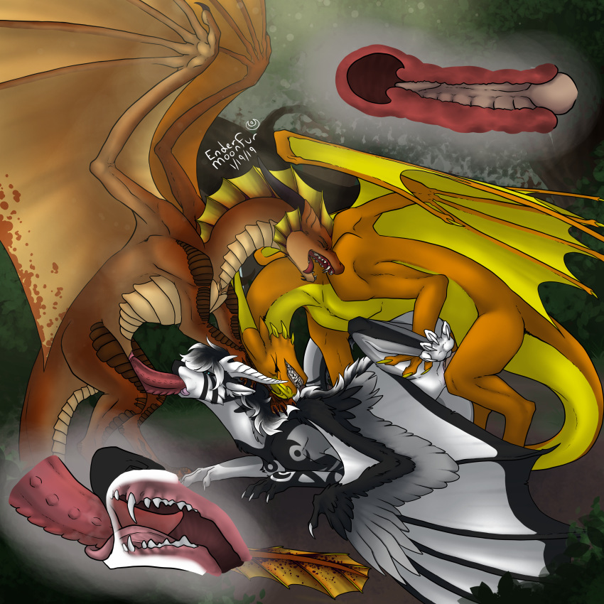 2019 3_toes brown_scales claws digital_media_(artwork) digitigrade dragon ender_(endermoonfur) endermoonfur erection fangs fellatio female feral feral_on_feral forest from_behind_position fur group group_sex hi_res internal male male_penetrating membranous_wings oral orange_scales orgy penetration penis pussy ric'axoarrth ryelos scales scalie sex simple_background toes tongue tongue_out tree vaginal vaginal_penetration western_dragon white_fur wings