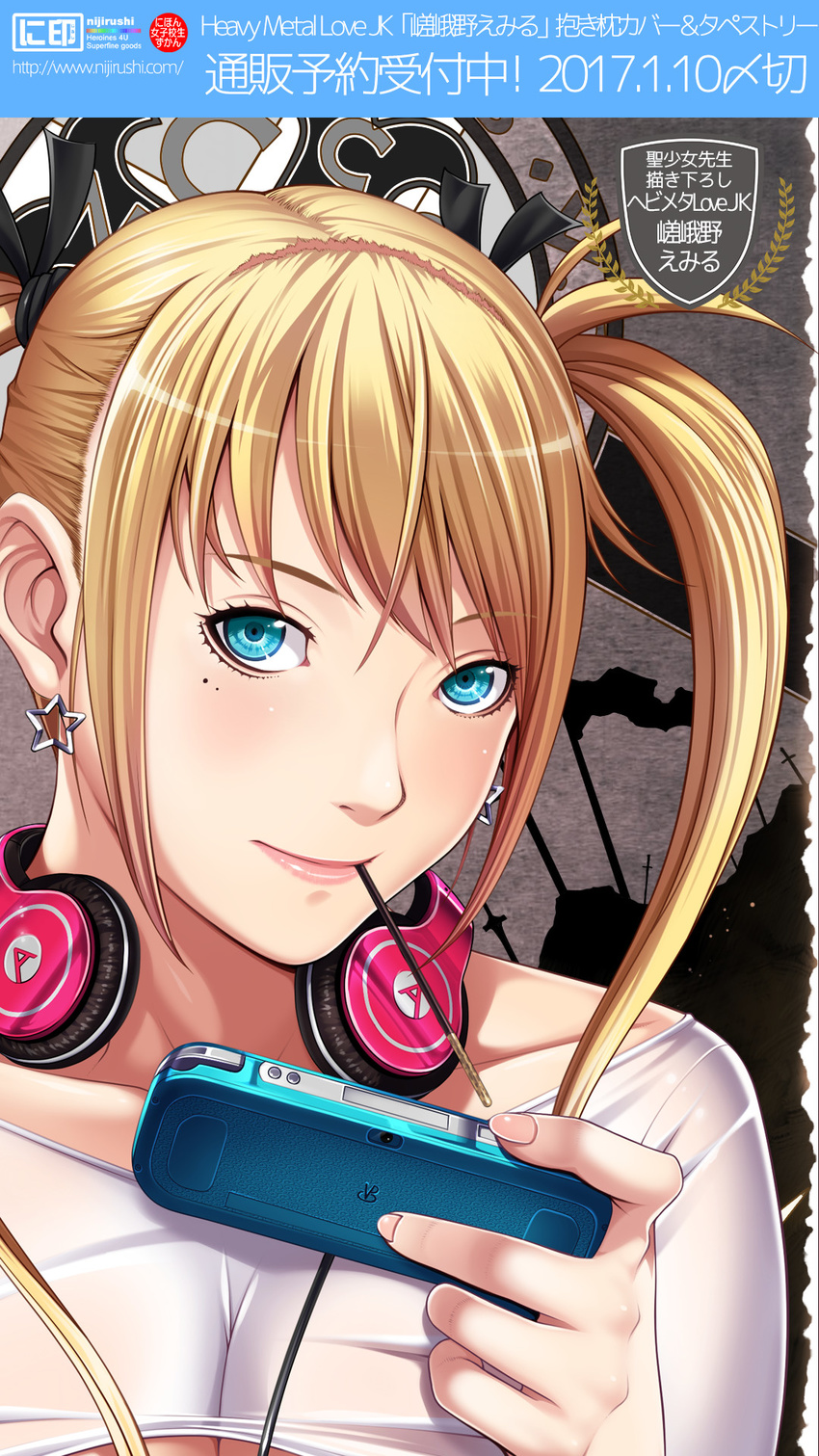 blonde_hair blue_eyes blush cellphone earrings food headphones highres holding jewelry looking_at_viewer mole mole_under_eye mouth_hold original phone pocky sei_shoujo solo twintails