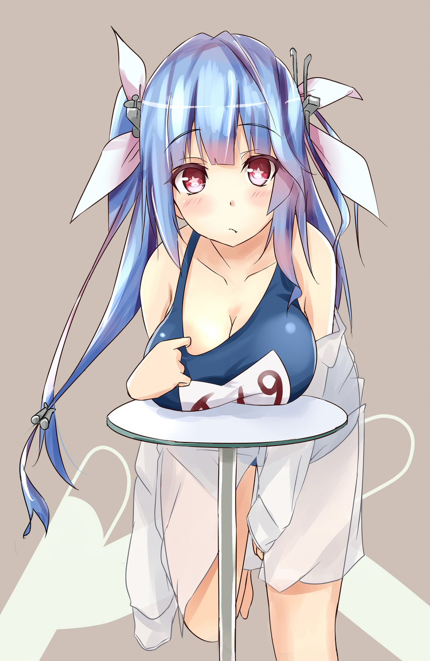 bare_shoulders blue_hair breast_rest breasts cleavage dress_shirt fang hair_ornament hair_ribbon highres i-19_(kantai_collection) kantai_collection large_breasts long_hair off_shoulder red_eyes revision ribbon saku_(kudrove) shirt side_ponytail solo star star-shaped_pupils swimsuit swimsuit_pull symbol-shaped_pupils