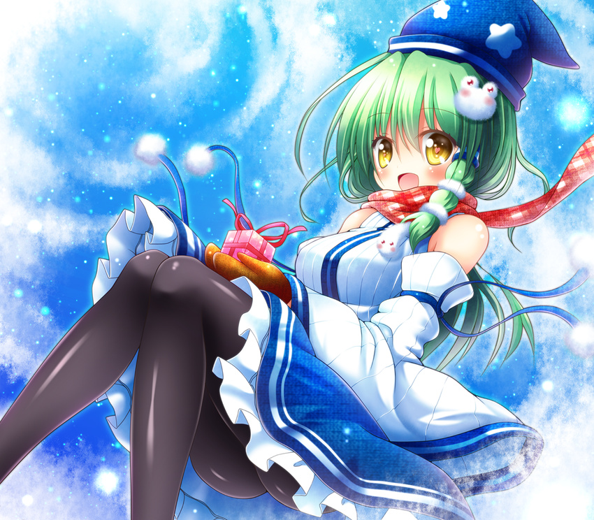 bare_shoulders blush detached_sleeves frog_hair_ornament gift green_hair hair_ornament hair_tubes hat heart heart-shaped_pupils kochiya_sanae long_hair looking_at_viewer mittens open_mouth osashin_(osada) pantyhose plaid plaid_scarf scarf skirt smile snake_hair_ornament solo star symbol-shaped_pupils touhou wide_sleeves yellow_eyes