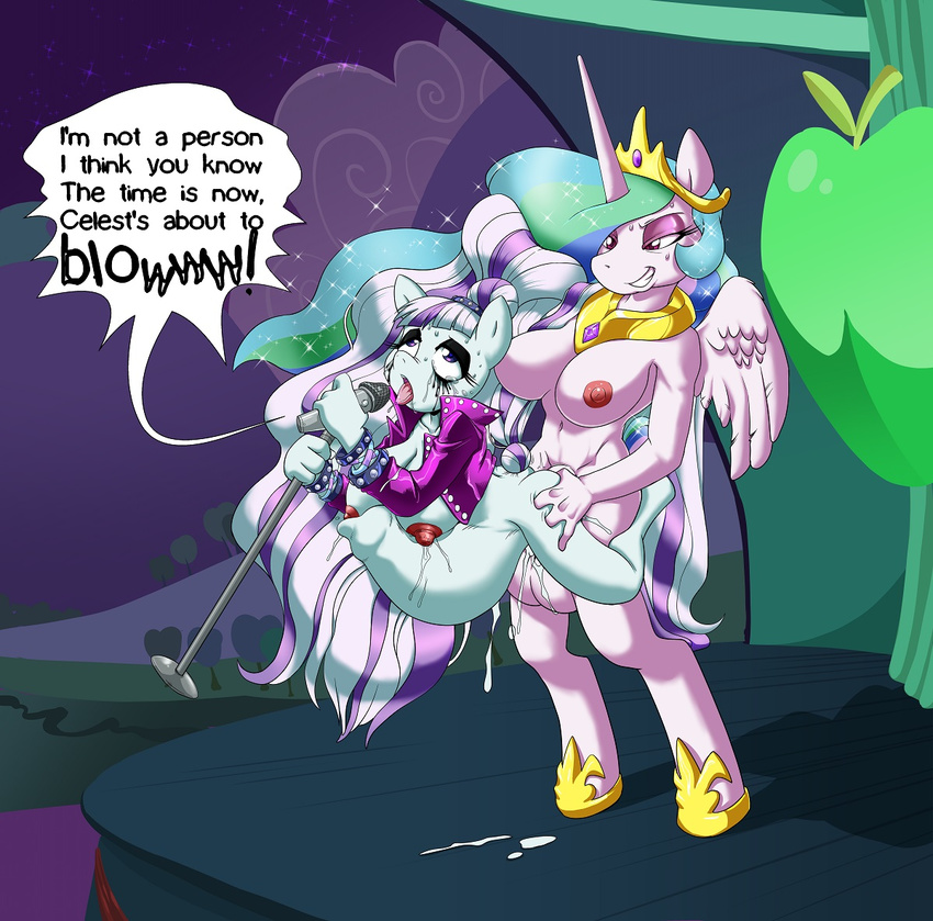 2017 abdominal_bulge anthro anthro_on_anthro anthrofied areola balls breasts clothing coloratura_(mlp) cum cum_on_ground dickgirl dickgirl/female dickgirl_penetrating duo earth_pony english_text equine feathered_wings feathers female friendship_is_magic hair half-closed_eyes holding_object horse intersex intersex/female intersex_penetrating kandlin long_hair mammal microphone multicolored_hair my_little_pony navel nipples pony princess_celestia_(mlp) running_makeup sex singing stage standing sweat text tongue tongue_out white_feathers wings