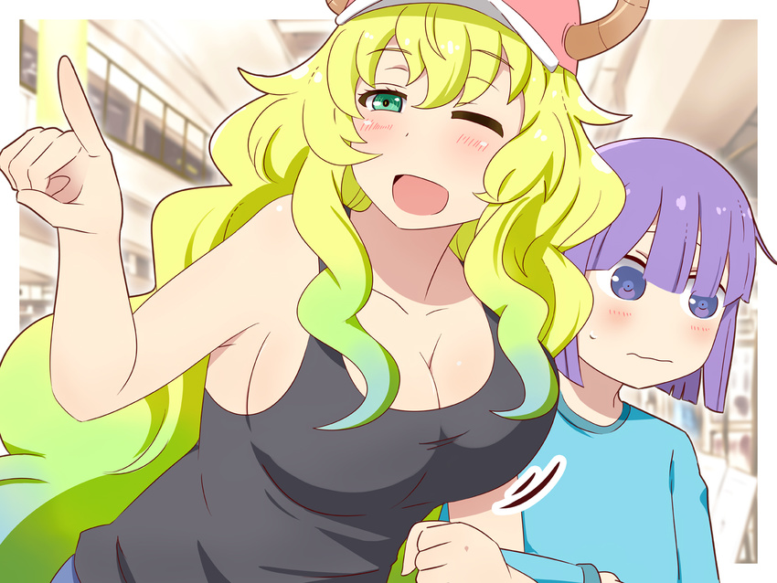 1boy 1girl ;d age_difference androgynous baseball_cap blonde_hair blue_eyes blush bouncing_breasts breasts cleavage dragon_girl dragon_horns gradient_hair green_hair half-closed_eyes highres horns kobayashi-san_chi_no_maidragon large_breasts long_hair magatsuchi_shouta multicolored_hair one_eye_closed open_mouth pointing purple_hair quetzalcoatl_(maidragon) shirt shopping short_hair side_boob smile tank_top upper_body wavy_mouth wide-eyed