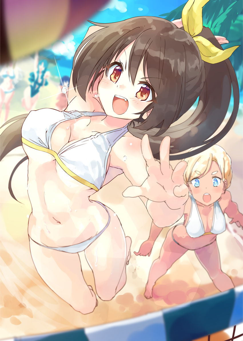 :d :o aqua_hair arm_up beach beach_volleyball bikini blonde_hair blue_eyes blue_hair blurry blush breasts brown_eyes brown_hair cheering cleavage collarbone commentary_request depth_of_field eyebrows_visible_through_hair foreshortening halter_top halterneck hand_up highres long_hair looking_at_another medium_breasts moe2017 multiple_girls naka_akira open_mouth original ponytail ribbon smile solo_focus standing swimsuit tan teeth thick_eyebrows v-shaped_eyebrows very_long_hair volleyball volleyball_net white_bikini yellow_ribbon