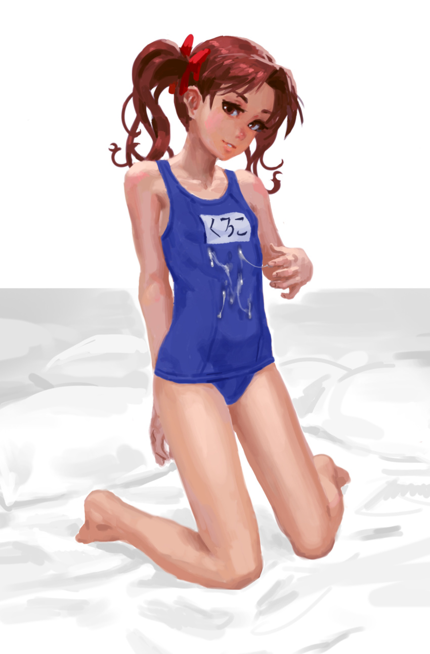 absurdres bed brown_eyes brown_hair cum cum_on_body cum_on_clothes doyora flat_chest hair_ribbon highres pillow ribbon school_swimsuit shirai_kuroko short_hair short_twintails solo swimsuit to_aru_kagaku_no_railgun to_aru_majutsu_no_index twintails