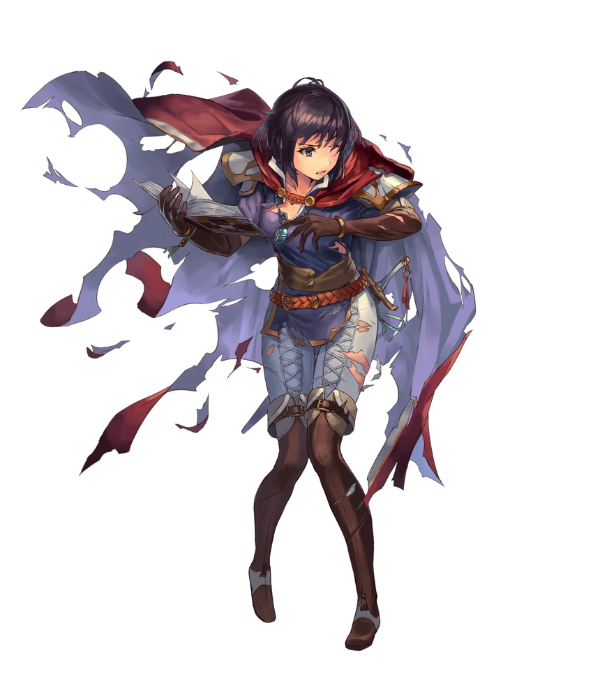 belt book brown_hair cape cuboon elbow_gloves fire_emblem fire_emblem:_thracia_776 fire_emblem_heroes full_body gloves highres holding holding_book official_art olwen_(fire_emblem) one_eye_closed pant purple_eyes short_hair solo sword thighhighs torn_clothes transparent_background weapon