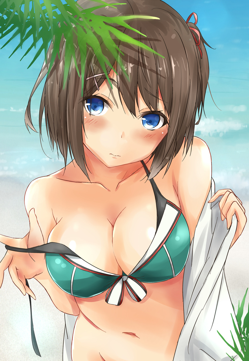 absurdres adapted_costume alternate_costume aqua_bikini beach bikini blue_eyes blush breasts brown_hair cleavage commentary_request day front-tie_top hair_ornament head_tilt highres kantai_collection large_breasts looking_at_viewer maya_(kantai_collection) navel ocean off_shoulder outdoors remodel_(kantai_collection) revision saku_(kudrove) short_hair smile solo swimsuit undressing water