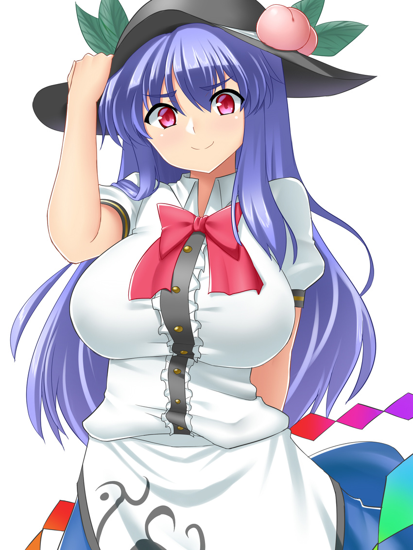 &gt;:) alternate_breast_size bangs black_hat blue_hair blue_skirt blush bow bowtie breasts closed_mouth commentary_request cowboy_shot dress_shirt food fruit hat highres hinanawi_tenshi large_breasts leaf long_hair looking_at_viewer mokkori9 peach puffy_short_sleeves puffy_sleeves rainbow_order red_bow red_eyes red_neckwear shirt short_sleeves sidelocks skirt smile solo thick_eyebrows touhou v-shaped_eyebrows white_shirt