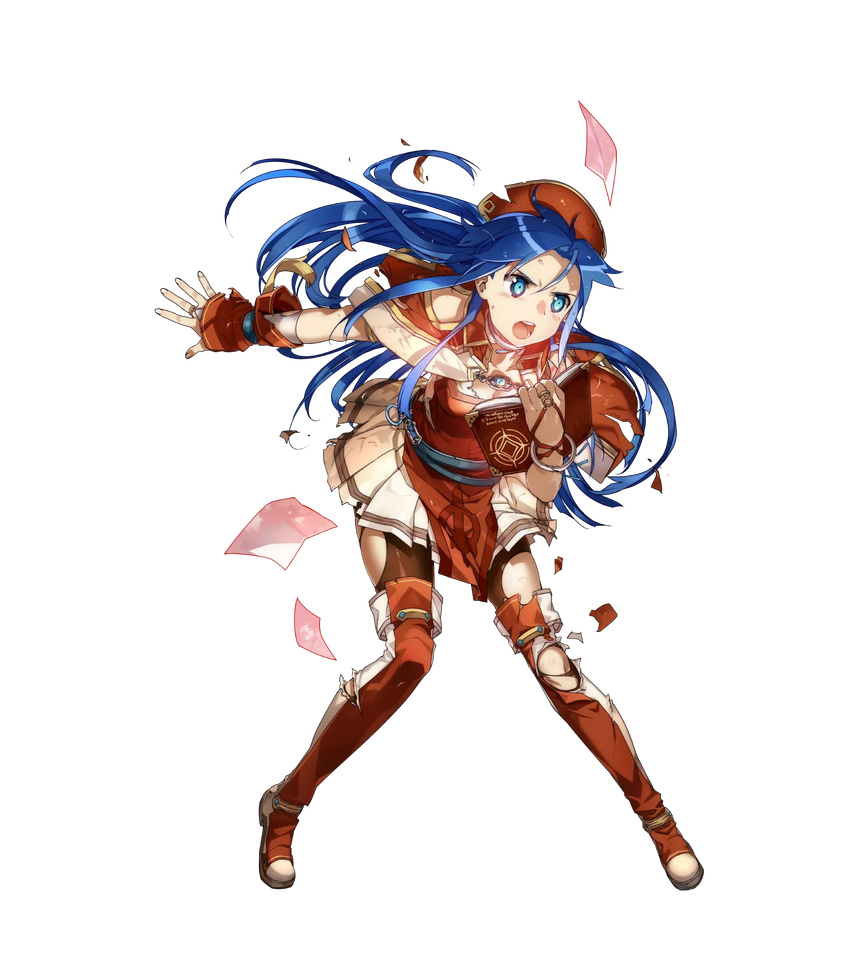 blue_eyes blue_hair book boots breasts bunbun capelet cleavage dress fire_emblem fire_emblem:_fuuin_no_tsurugi fire_emblem_heroes full_body gloves hat highres holding holding_book lilina long_hair official_art open_mouth pantyhose pleated_skirt short_sleeves skirt small_breasts solo thigh_boots thighhighs torn_clothes torn_legwear transparent_background