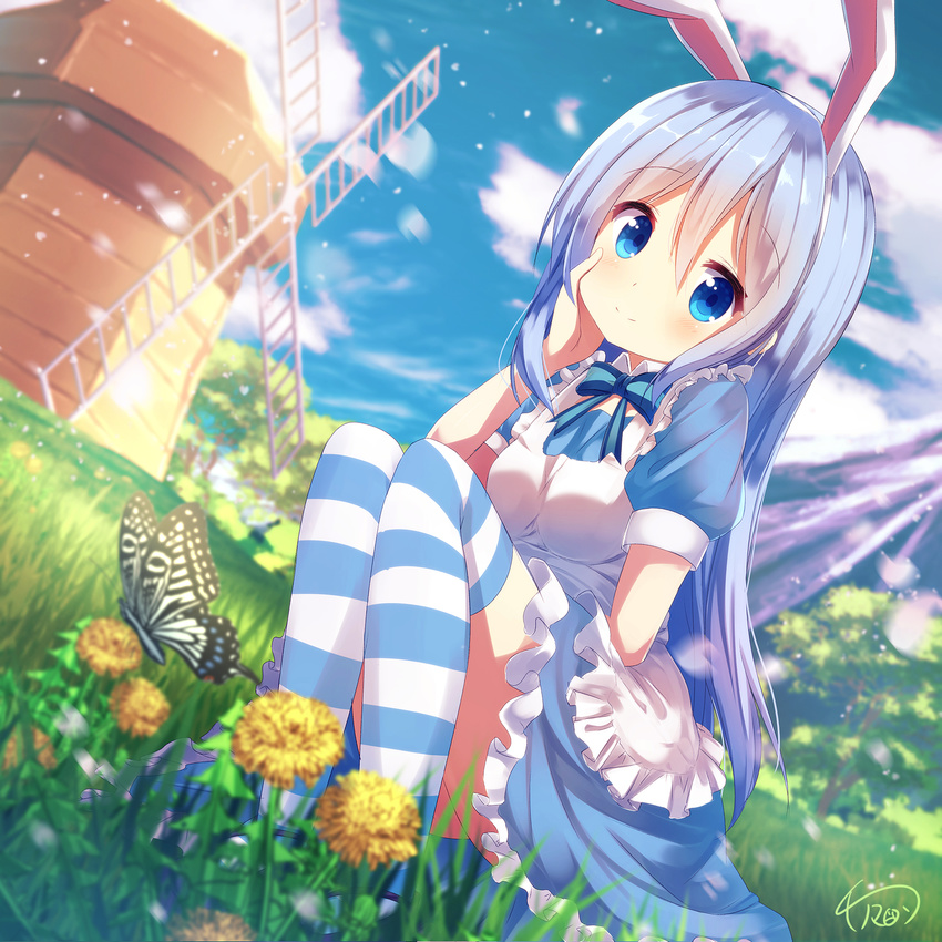 alice_(wonderland) alice_(wonderland)_(cosplay) alice_in_wonderland animal_ears apron bangs blue_bow blue_dress blue_eyes blue_footwear blue_hair blue_neckwear blue_sky blurry blush bow bowtie breasts bug bunny_ears butterfly cherry_blossoms chinomaron closed_mouth cloud collar cosplay dandelion day depth_of_field dress dutch_angle eyebrows_visible_through_hair fake_animal_ears flower frilled_dress frills full_body gochuumon_wa_usagi_desu_ka? grass hair_between_eyes hairband hand_on_own_cheek highres insect kafuu_chino long_hair looking_at_viewer mary_janes outdoors petals puffy_short_sleeves puffy_sleeves shoes short_sleeves sidelocks signature sky small_breasts smile solo squatting striped striped_bow striped_legwear striped_neckwear thighhighs tree upskirt white_apron windmill