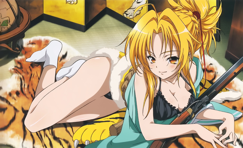 absurdres ahoge antique_firearm arquebus blonde_hair blush bra breasts cleavage firearm gun hair_intakes highres japanese_clothes leather looking_at_viewer medium_breasts oda_nobuna oda_nobuna_no_yabou official_art panties rifle socks solo sword tamaki_rie tiger_stripes underwear weapon yellow_eyes