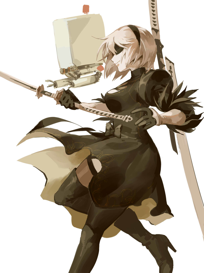 black_dress black_footwear black_legwear blindfold boots breasts closed_mouth dress expressionless from_side hairband high_heel_boots high_heels highres holding holding_sword holding_weapon long_sleeves nier_(series) nier_automata pod_(nier_automata) profile puffy_long_sleeves puffy_sleeves ruukii_drift short_dress short_hair simple_background small_breasts solo sword thigh_boots thighhighs weapon white_background yorha_no._2_type_b