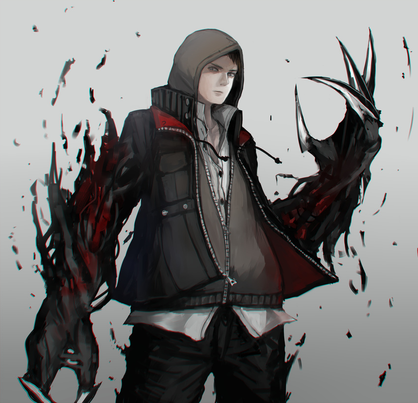 absurdres alex_mercer claws highres hood hoodie jacket kasagarasu looking_at_viewer male_focus open_clothes open_jacket prototype_(game) shirt solo