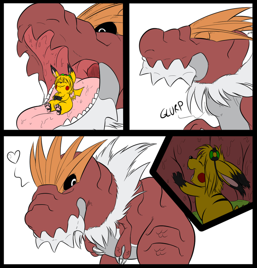 comic feral nintendo oral_vore pikachu pok&eacute;mon simple_background size_difference sparky_the_chu sparky_the_chu_(character) swallowing tyrantrum video_games vore white_background willing_vore