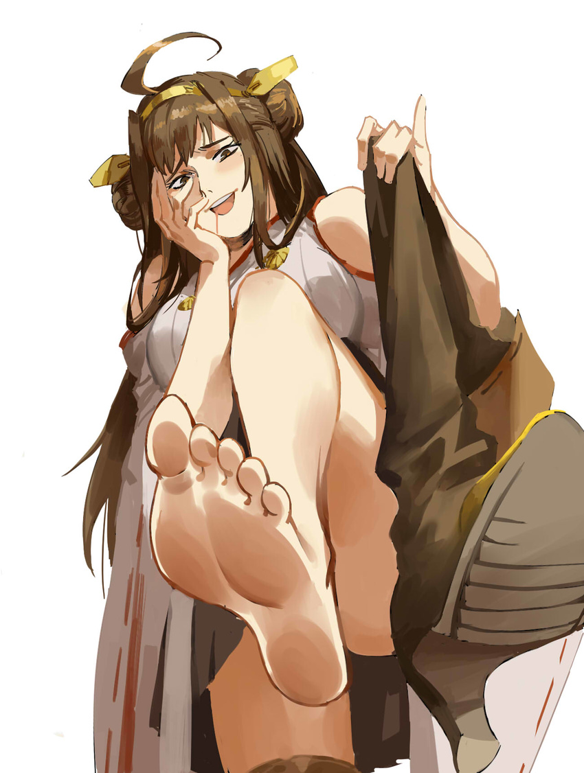 ahoge bangs barefoot black_footwear black_legwear black_skirt blush boot_removed boots breasts brown_eyes brown_hair convenient_leg cowboy_shot detached_sleeves double_bun drooling feet hand_on_own_face high_heel_boots high_heels highres kantai_collection kongou_(kantai_collection) laughing leg_up legs long_hair looking_at_viewer medium_breasts open_mouth pov ribbon-trimmed_sleeves ribbon_trim ruukii_drift shiny shiny_hair shirt simple_background skirt sleeveless sleeveless_shirt soles solo standing standing_on_one_leg teeth thigh_boots thighhighs thighs toes white_background wide_sleeves