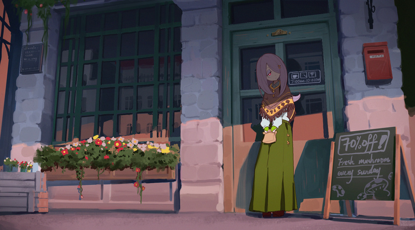 bag building capelet chalkboard_sign dress english hair_ornament hair_over_one_eye hairclip highres little_witch_academia long_hair mailbox_(incoming_mail) outdoors pale_skin paper_bag plant potted_plant purple_hair purple_skin red_eyes shop sign skirt solo storefront sucy_manbavaran waterkuma