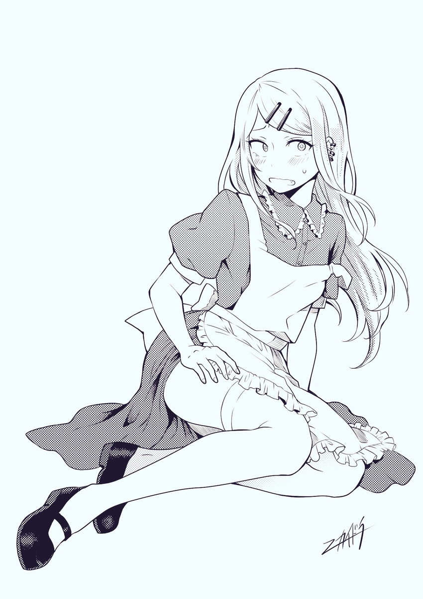alice_(wonderland) alice_(wonderland)_(cosplay) apron black_footwear constricted_pupils cosplay dagashi_kashi dress ear_piercing endou_saya fang frilled_apron frilled_dress frills greyscale hair_ornament hairclip halftone highres legs loafers long_hair looking_at_viewer mary_janes monochrome nikaidou_kou open_mouth piercing shoes short_sleeves signature simple_background sitting_on_ground solo sweatdrop thighhighs thighs white_background