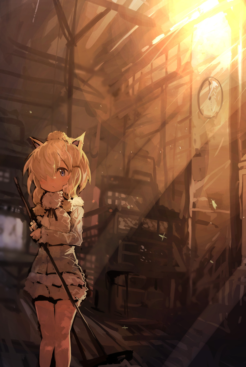 :/ absurdres alpaca_ears alpaca_suri_(kemono_friends) animal_ears bangs blonde_hair blue_eyes broom clock commentary expressionless fur-trimmed_sleeves fur_collar fur_trim hair_bun hair_over_one_eye hair_ribbon highres holding holding_broom indoors jpeg_artifacts kaamin_(mariarose753) kemono_friends light_rays long_sleeves looking_afar neck_ribbon no_legwear ribbon shorts solo standing sunbeam sunlight sweeping swept_bangs tareme tress_ribbon wall_clock