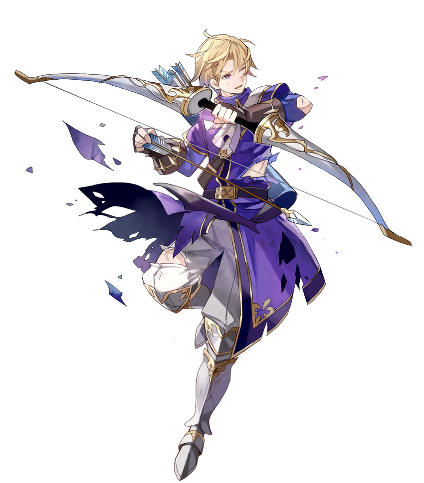 arrow blonde_hair boots bow_(weapon) fingerless_gloves fire_emblem fire_emblem:_fuuin_no_tsurugi fire_emblem_heroes full_body gloves highres injury klein_(fire_emblem) male_focus official_art one_eye_closed purple_eyes quiver solo tobi_(kotetsu) torn_clothes transparent_background weapon