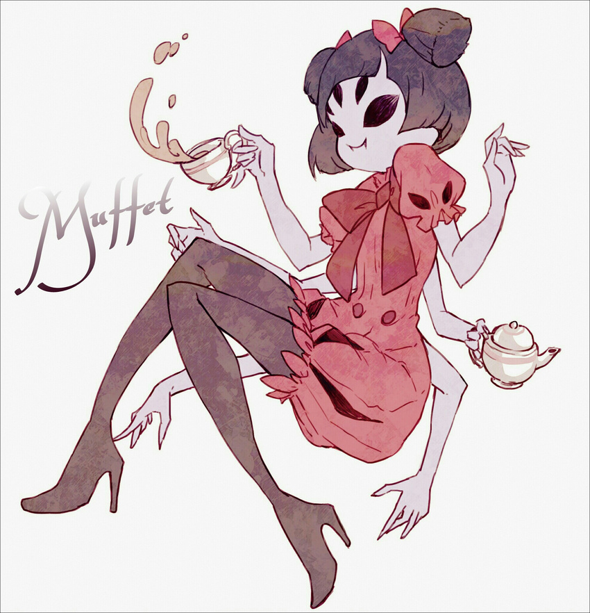 1girl bow extra_arms extra_eyes fangs high_heels insect_girl muffet multiple_arms multiple_eyes purple_skin ribbon spider_girl thighhighs undertale