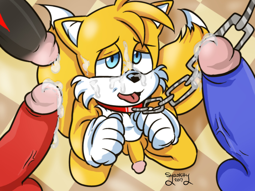 2017 anthro canine chain chain_leash collar cum cum_on_face echidna foursome fox group group_sex hedgehog humanoid_penis knuckles_the_echidna leash male male/male mammal miles_prower monotreme penis sex shadow_the_hedgehog sonic_(series) sonic_the_hedgehog syaokitty