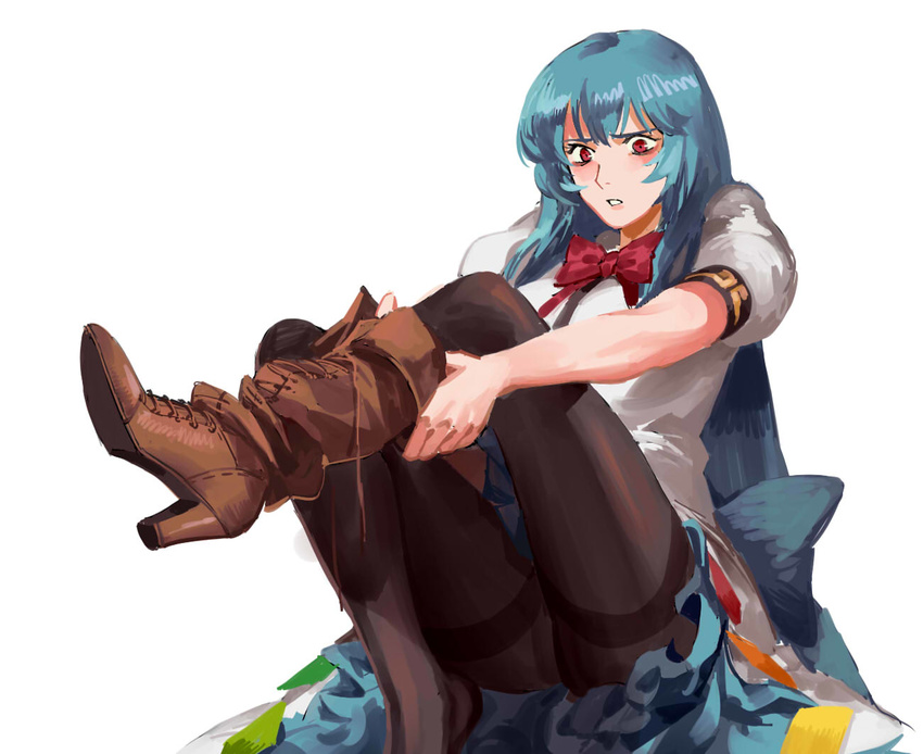 bangs black_legwear blue_hair blue_skirt blush boots bow brown_footwear cross-laced_footwear hair_between_eyes high_heel_boots high_heels hinanawi_tenshi knee_boots lace-up_boots leaning_back leg_up long_hair no_hat no_headwear pantyhose parted_lips puffy_short_sleeves puffy_sleeves putting_on_boots putting_on_shoes red_eyes ruukii_drift shirt short_sleeves simple_background single_boot skirt solo thighband_pantyhose thighs touhou very_long_hair white_background white_shirt