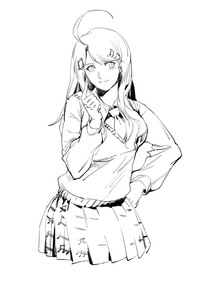 akamatsu_kaede bangs beamed_eighth_notes blush breasts collared_shirt cowboy_shot danganronpa hand_on_hip head_tilt highres long_hair long_sleeves looking_to_the_side medium_breasts monochrome musical_note musical_note_hair_ornament musical_note_print necktie new_danganronpa_v3 pleated_skirt pointing pointing_up pose ruukii_drift shirt sidelocks simple_background sketch skirt solo sweater_vest swept_bangs vest white_background