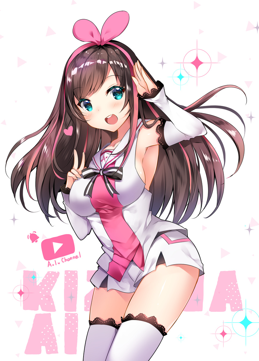 :d a.i._channel absurdres aqua_eyes arm_up armpits bangs black_ribbon blush bow breasts brown_hair character_name commentary copyright_name cowboy_shot eyebrows_visible_through_hair hair_bow hairband hand_on_own_chest hand_up highres kizuna_ai lace lace-trimmed_thighhighs large_breasts legs_together long_hair looking_at_viewer multicolored_hair open_mouth pink_bow pink_hair play_button ribbon sailor_collar short_shorts shorts sideboob smile solo sparkle streaked_hair striped striped_ribbon swept_bangs tareme teeth thighhighs thighs triangle usagihime v virtual_youtuber white_background white_legwear white_ribbon white_shorts youtube