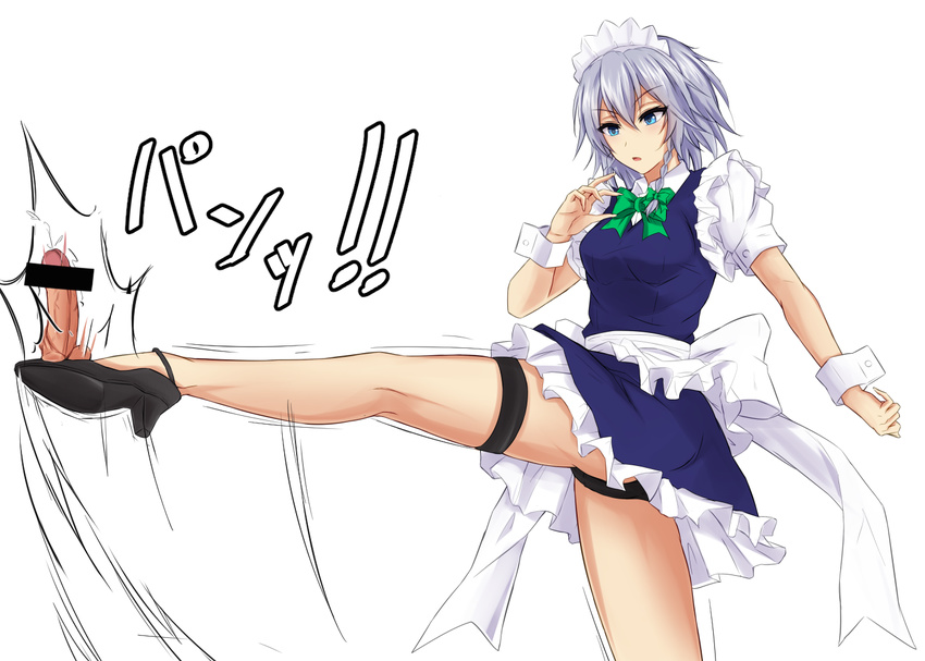 :o apron bdsm black_footwear black_panties blue_dress blue_eyes blush bow bowtie braid breasts commentary_request crotch_kick disembodied_penis dress green_bow green_neckwear hair_bow high_heels izayoi_sakuya kicking maid maid_headdress medium_breasts panties pantyshot pantyshot_(kicking) parted_lips penis petticoat piro_(iiiiiiiiii) puffy_short_sleeves puffy_sleeves shoes short_sleeves silver_hair solo_focus tamakeri testicles thigh_strap touhou tsurime twin_braids underwear v-shaped_eyebrows waist_apron wrist_cuffs