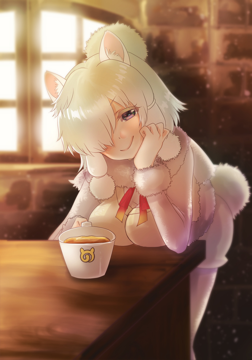 absurdres alpaca_ears alpaca_suri_(kemono_friends) animal_ears beige_vest bent_over blonde_hair boots breast_rest breasts closed_mouth colored_eyelashes commentary_request cup eyebrows_visible_through_hair eyelashes fur-trimmed_sleeves fur_collar fur_trim hair_bun hair_over_one_eye hair_ribbon highres holding holding_cup indoors japari_symbol kemono_friends large_breasts leaning_forward long_sleeves looking_at_viewer naughty_face neck_ribbon pantyhose pantyhose_under_shorts print_cup purple_eyes ribbon shimotsukishin shirt short_hair shorts smile solo standing tail tareme tea teacup tress_ribbon vest white_legwear white_ribbon window wooden_floor