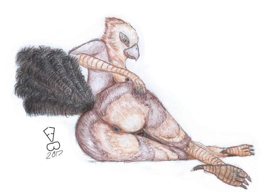 2017 absurd_res anthro avian beak big_breasts big_butt black_feathers breasts brown_feathers butt butt_markings colored_pencil_(artwork) crossed_legs feathers female fluffyfurrybutt hand_on_butt hi_res markings non-mammal_breasts nude pinup pose presenting presenting_hindquarters presenting_pussy pussy signature simple_background smile smirk solo spread_butt spreading tail_feathers talons traditional_media_(artwork) white_background