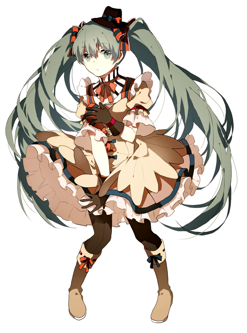 absurdres bad_id bad_pixiv_id boots dress ennui_heiwa_miku full_body gocoli green_eyes green_hair hat hatsune_miku highres knee_boots long_hair pantyhose simple_background solo twintails very_long_hair vocaloid white_background