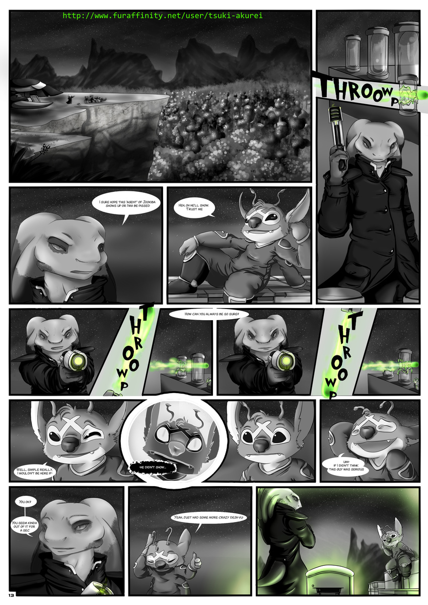 absurd_res alien bioluminescence chance_(experiment) comic disney english_text evilbunnyking experiment_(species) glowing gun hi_res lilo_and_stitch petresko_(character) ranged_weapon seyloid text tsuki_akurei weapon