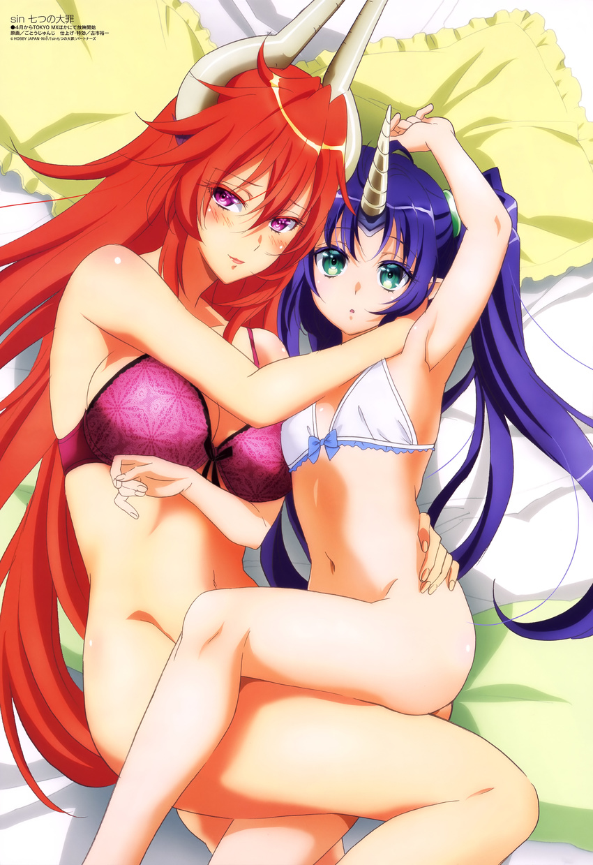 absurdres armpits artist_name beelzebub_(the_seven_deadly_sins) blue_hair blush bottomless bra breasts copyright_name demon_girl flat_chest gotou_junji green_eyes highres horn horns hug large_breasts lips long_hair looking_at_viewer megami multiple_girls navel official_art open_mouth pillow pointy_ears purple_eyes red_hair satan_(the_seven_deadly_sins) shiny shiny_hair the_seven_deadly_sins twintails underwear