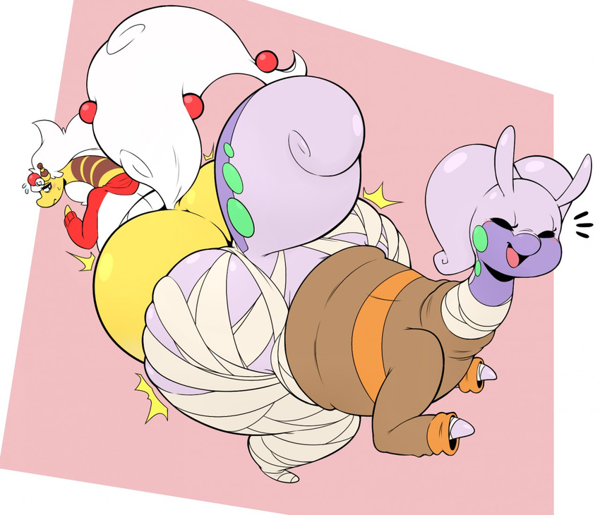2017 amelia_(xingscourge) ampharos anthro anthrofied ass_to_ass bent_over big_butt border bottomless butt butt_bump clothed clothing digital_media_(artwork) dragon duo female goodra hair half-closed_eyes hi_res hoodie huge_butt kiwi_(guitarstudios) looking_back mega_ampharos mega_evolution nintendo overweight overweight_female partially_clothed pok&eacute;mon pok&eacute;morph shy slightly_chubby thick_thighs video_games white_border white_hair wide_hips wrappings xingscourge yellow_skin