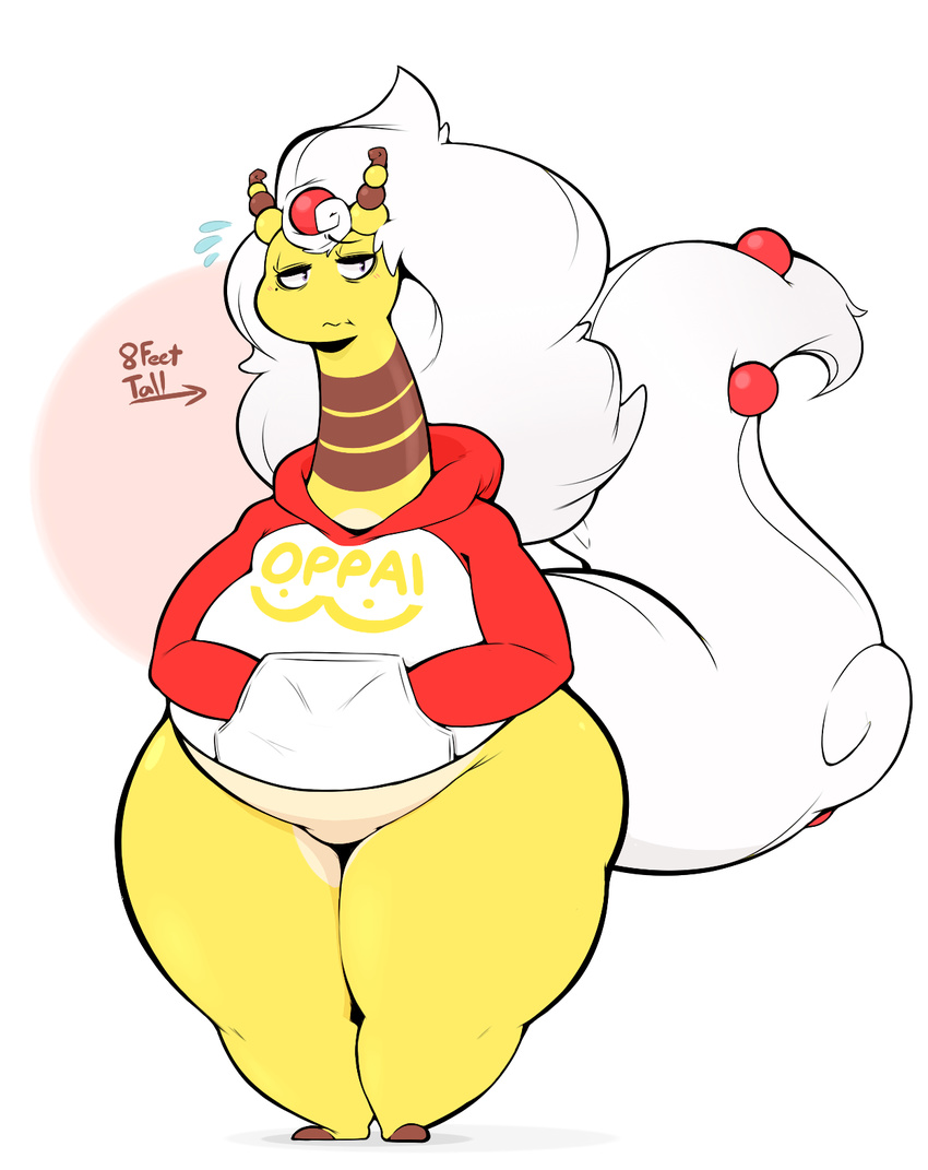 2017 amelia_(xingscourge) ampharos anthro anthrofied beauty_mark bottomless breasts clothed clothing digital_media_(artwork) english_text female hair half-closed_eyes hi_res hoodie mega_ampharos mega_evolution mole_(marking) multicolored_skin nintendo overweight overweight_female pok&eacute;mon pok&eacute;morph shy simple_background slightly_chubby solo tan_skin text thick_thighs two_tone_skin video_games white_hair wide_hips xingscourge yellow_skin