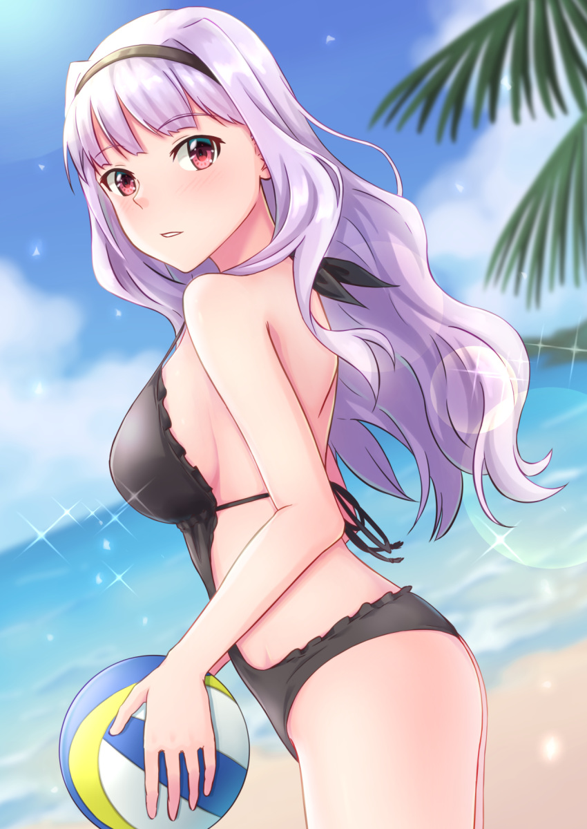 1girl backless_swimsuit ball beach black_hairband black_swimsuit blue_sky blurry blurry_background breasts casual_one-piece_swimsuit cloud cowboy_shot day eyebrows_visible_through_hair hairband highres holding holding_ball idolmaster idolmaster_(classic) large_breasts lens_flare long_hair looking_at_viewer ocean one-piece_swimsuit outdoors parted_lips red_eyes shijou_takane shiny shiny_hair silver_hair sky solo soujin sparkle standing swimsuit very_long_hair