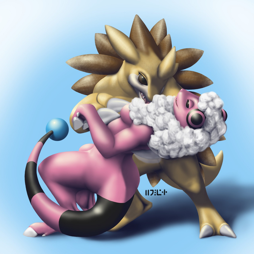 ambiguous_gender breasts duo female female/ambiguous feral flaaffy hair licking nintendo nude pok&eacute;mon sandslash scales tongue tongue_out video_games yojek163