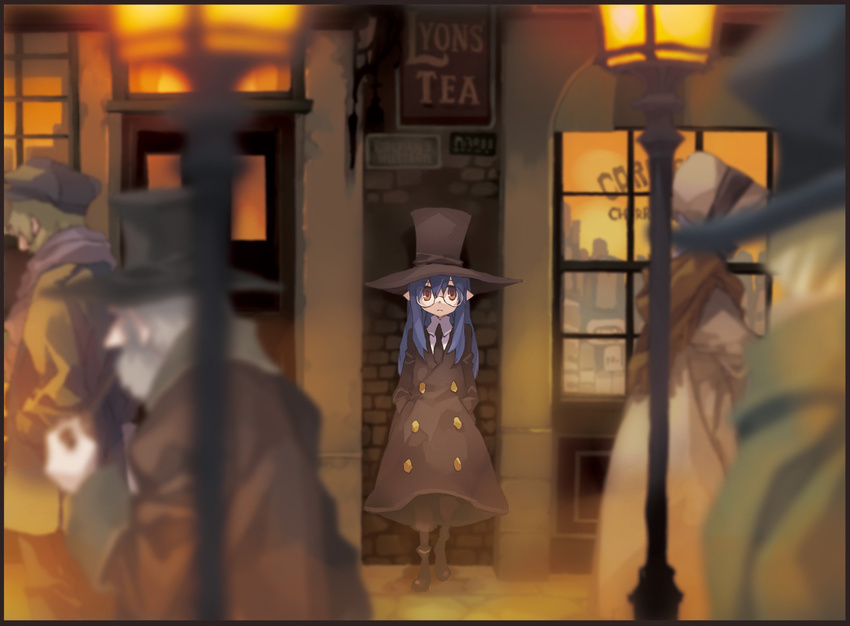 black_coat black_footwear black_hair black_hat blue_hair blurry buttons city depth_of_field expressionless glasses hands_in_pockets hat highres hitsugi_katsugi_no_kuro kiyuzuki_satoko kuro_(hitsugi_katsugi_no_kuro) lamppost long_hair long_sleeves looking_at_viewer necktie official_art old_man outdoors pointy_ears red_eyes round_eyewear shoes shop solo_focus standing storefront trench_coat