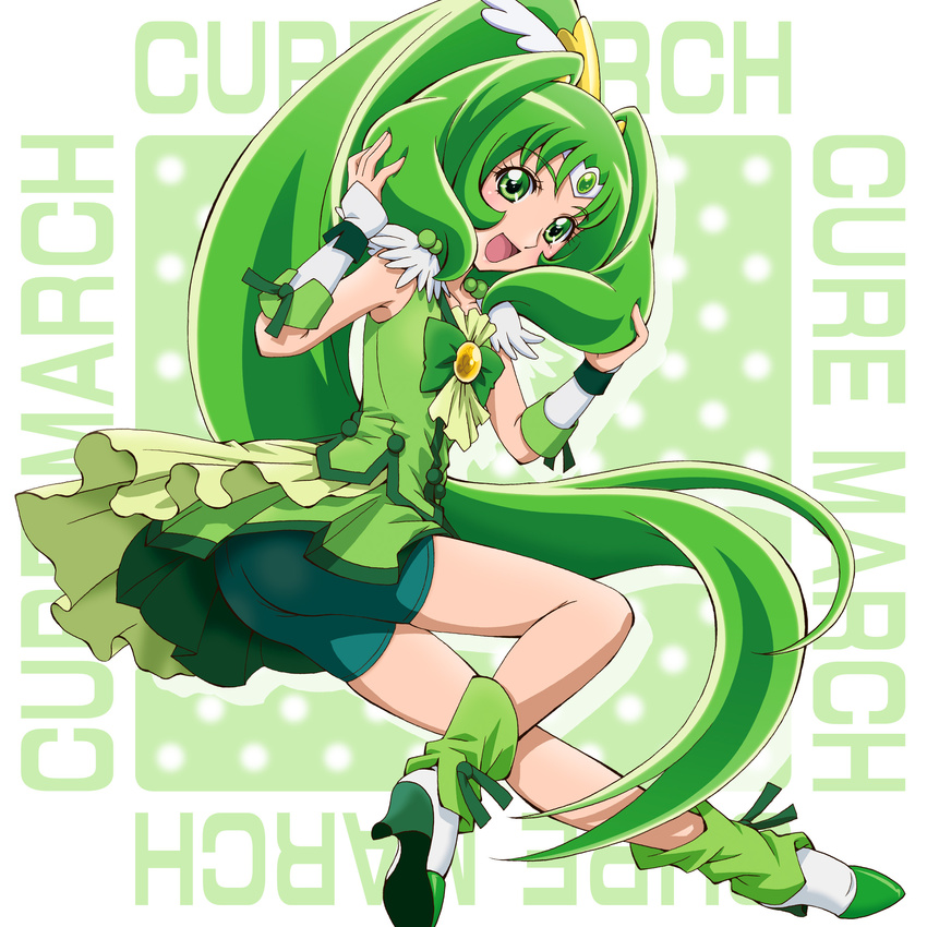 :d bare_legs bike_shorts boo_(takagi) bow brooch character_name circlet cure_march full_body green green_bow green_eyes green_hair green_shirt green_shorts green_skirt hair_tousle highres jewelry long_hair magical_girl midorikawa_nao open_mouth ponytail precure shirt shoes shorts shorts_under_skirt skirt sleeveless sleeveless_shirt smile smile_precure! solo tri_tails very_long_hair wrist_cuffs