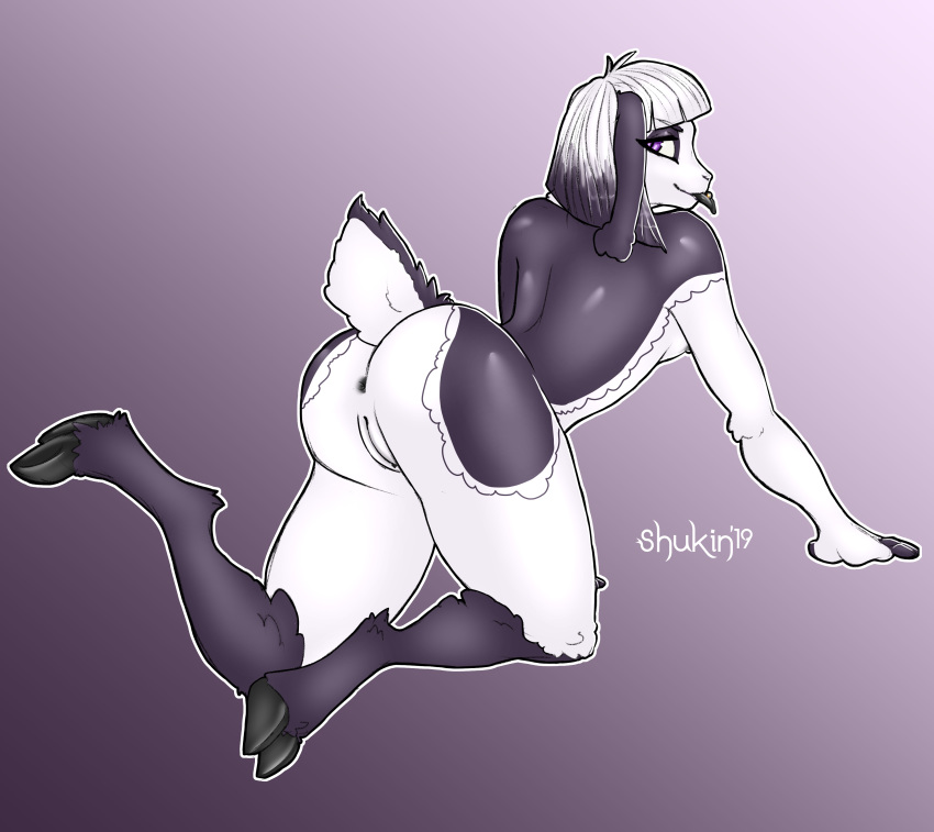 2019 anthro butt caprine crawling female looking_back mammal mischievous piercing presenting purple_eyes sheep shukin simple_background solo tongue