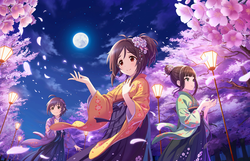 artist_request bangs black_hair blunt_bangs brown_eyes brown_hair cherry_blossoms doumyouji_karin floral_print flower green_eyes hair_flower hair_ornament hakama hamaguchi_ayame idolmaster idolmaster_cinderella_girls idolmaster_cinderella_girls_starlight_stage japanese_clothes kimono moon multiple_girls night night_sky official_art petals red_eyes short_hair sky smile tied_hair wakiyama_tamami