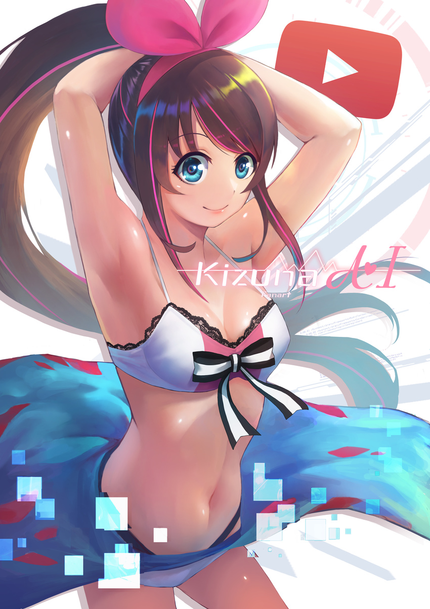 a.i._channel absurdres adapted_costume armpits arms_behind_head arms_up bangs bikini blue_eyes bow breasts brown_hair character_name cleavage closed_mouth cowboy_shot eyebrows_visible_through_hair hair_bow hairband heart highres jun_wei kizuna_ai lace lace-trimmed_bikini long_hair looking_at_viewer medium_breasts multicolored_hair navel pink_bow pink_hair play_button ponytail sarong sidelocks smile solo streaked_hair swept_bangs swimsuit very_long_hair virtual_youtuber white_bikini white_bikini_top youtube