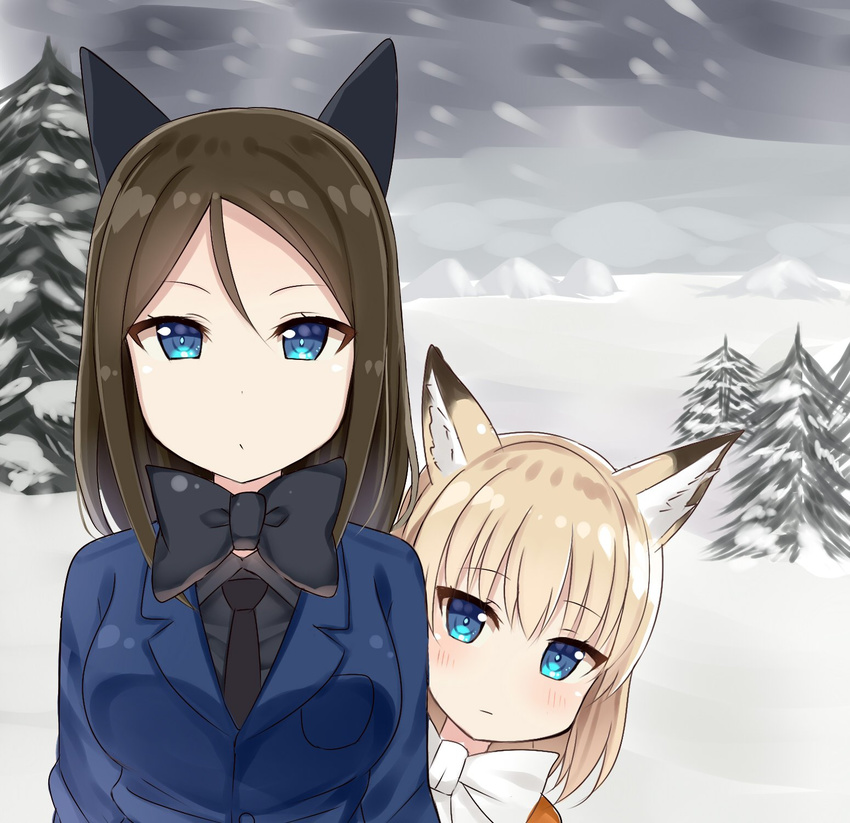 :/ :| animal_ears black_bow black_neckwear black_shirt blazer blonde_hair blue_eyes blush bow bowtie breast_pocket breasts brown_hair closed_mouth collared_shirt commentary_request cosplay dot_nose expressionless eyebrows_visible_through_hair ezo_red_fox_(kemono_friends) ezo_red_fox_(kemono_friends)_(cosplay) fox_ears girls_und_panzer hair_between_eyes hiding highres jacket jpeg_artifacts katyusha kemono_friends kemonomimi_mode large_breasts long_hair long_sleeves looking_at_viewer mizukoshi_(marumi) multiple_girls necktie no_nose nonna outdoors parody pine_tree pocket shirt short_hair shy silver_fox_(kemono_friends) silver_fox_(kemono_friends)_(cosplay) snow snowing tree tsurime upper_body white_bow white_neckwear