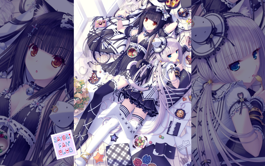 animal_ears animal_hat anklet arm_behind_head artist_name bangs bell bell_choker bell_collar black_choker black_hair black_nails blue_eyes blunt_bangs book bow bracelet brown_eyes candy cat_ears cat_hat cat_tail chocola_(sayori) choker collar cookie cross dessert fanbox_reward food gothic_lolita hair_bow hat heart heart_tail_duo highres ice_cream jewelry jingle_bell leg_up lolita_fashion long_hair lying macaron mini_hat mini_top_hat multiple_girls nail_art nail_polish nekopara no_shoes on_back on_stomach open_book paid_reward pastry pudding puffy_short_sleeves puffy_sleeves ribbon sayori short_sleeves spork star tail tail_ribbon thighhighs tongue tongue_out top_hat twintails vanilla_(sayori) very_long_hair wallpaper white_hair zoom_layer