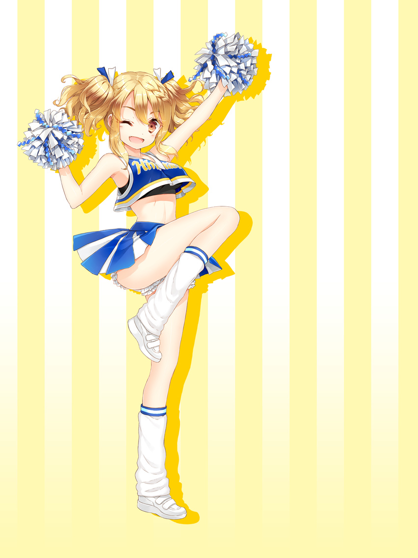 ;d arm_up blonde_hair blue_ribbon brown_eyes cheerleader cuteg hair_ribbon highres hinabita izumi_ibuki leg_up long_hair looking_at_viewer loose_socks midriff miniskirt one_eye_closed open_mouth pleated_skirt pom_poms ribbon skirt sleeveless smile socks solo standing stomach striped striped_background tank_top twintails white_legwear white_ribbon yellow_background