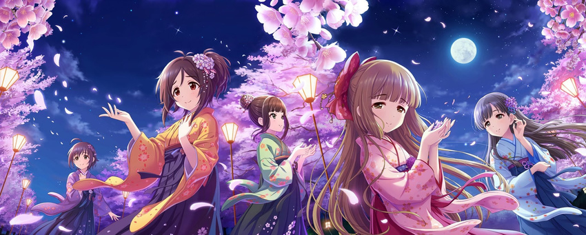 bangs black_hair blunt_bangs brown_eyes brown_hair cherry_blossoms doumyouji_karin downscaled floral_print flower green_eyes hair_flower hair_ornament hakama hamaguchi_ayame highres idolmaster idolmaster_cinderella_girls idolmaster_cinderella_girls_starlight_stage japanese_clothes kimono kobayakawa_sae md5_mismatch moon multiple_girls myliam night night_sky official_art petals red_eyes resized short_hair sky smile tied_hair wakiyama_tamami yorita_yoshino