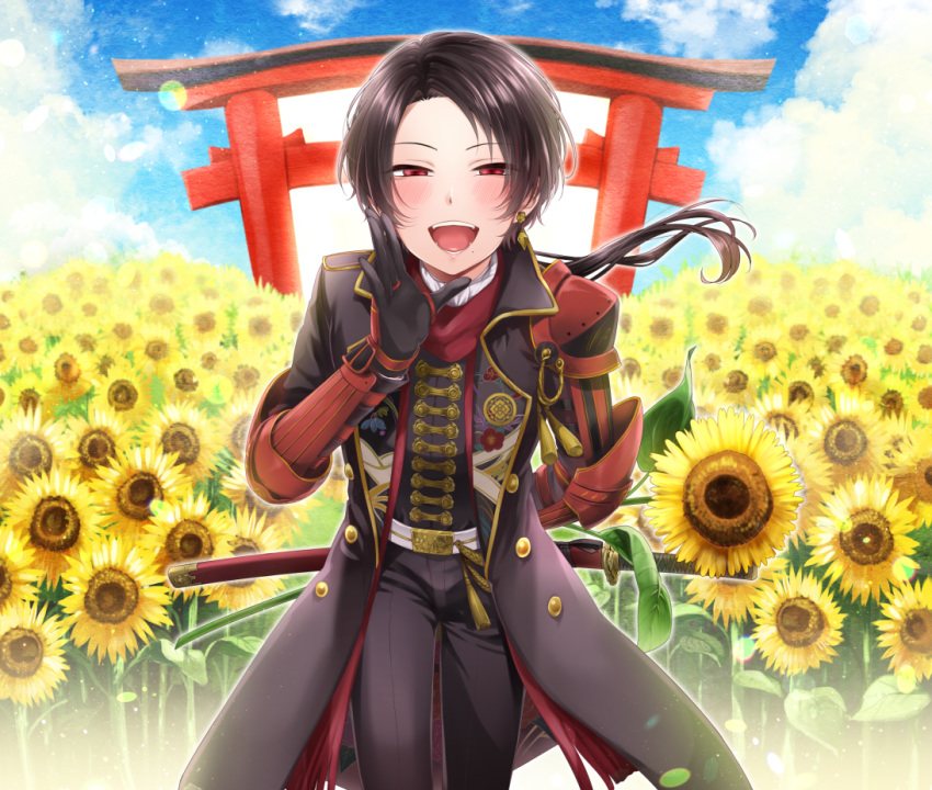 arm_behind_back armor blush brown_hair coat earrings field flower flower_field izumi_kikaku japanese_armor jewelry kashuu_kiyomitsu kiwame_(touken_ranbu) kote long_hair mole mole_under_mouth ponytail red_eyes red_scarf scarf shoulder_armor sode sunflower sword torii touken_ranbu weapon weapon_on_back